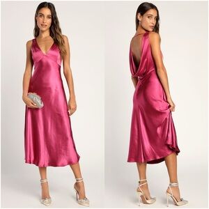 LULU'S Incredible Love Magenta Satin Cowl Back Midi Slip Dress
